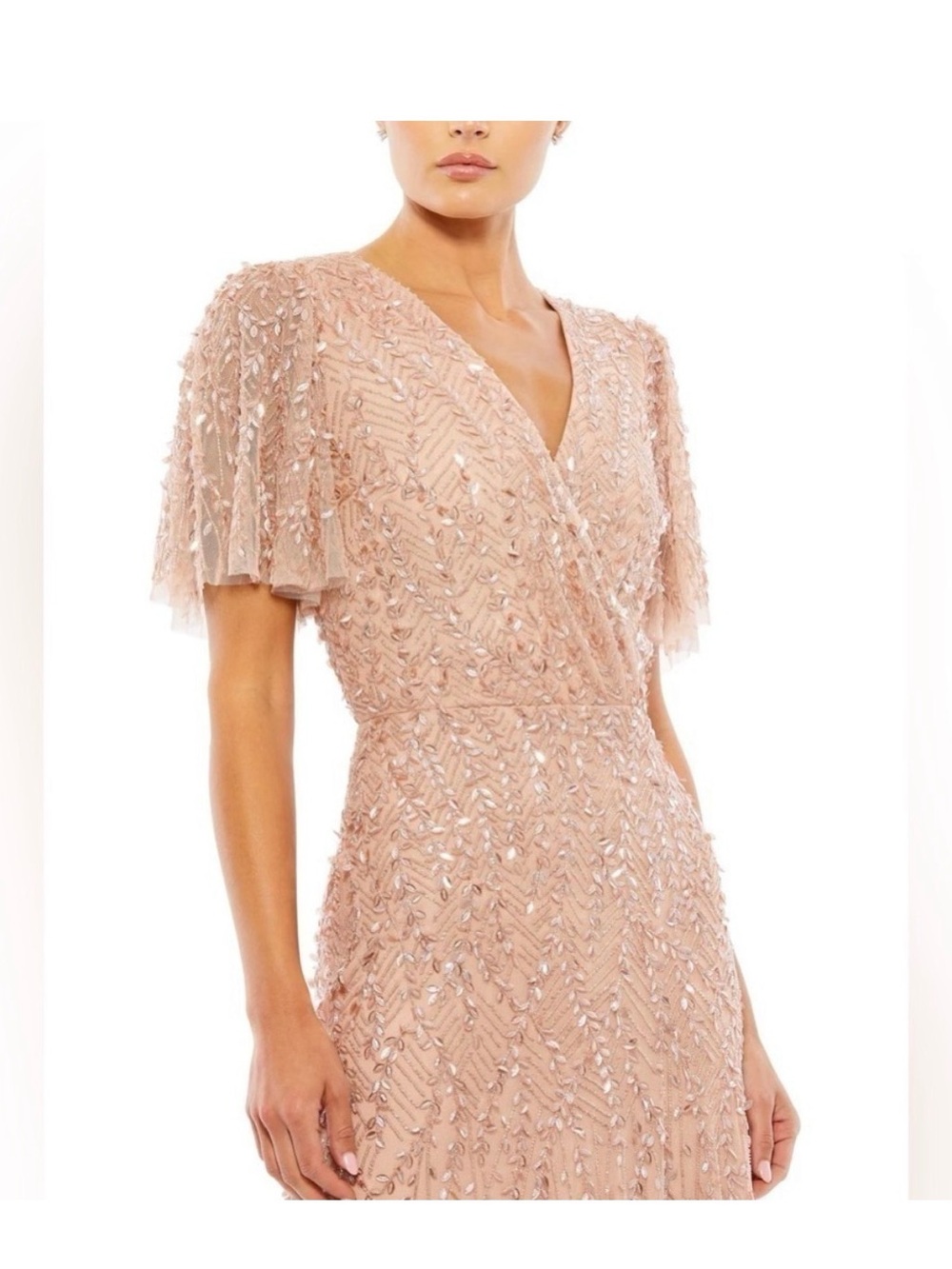 Mac Duggal 35109 NWT EMBELLISHED FLUTTER SLEEVE GOWN in nude sz 22